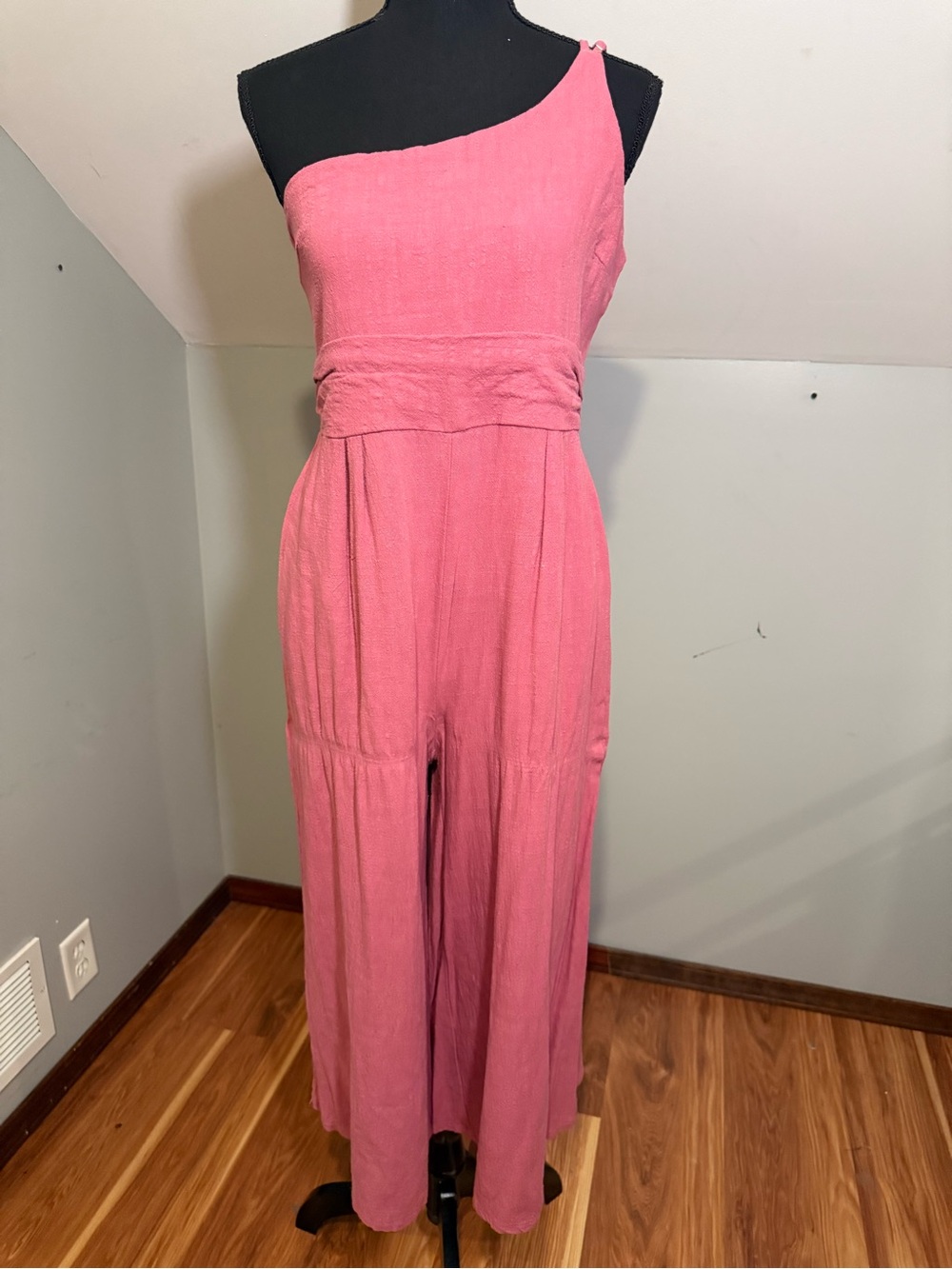 One-Shoulder Pink Linen (30%) Cropped Jumpsuit